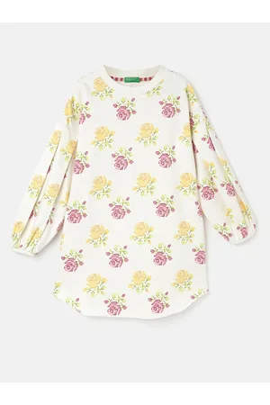 Benetton Girls Floral Printed Puff Sleeves Cotton A-Line Dress