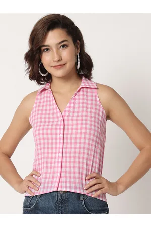 CHARMGAL Checked Sleeveless Cotton Shirt Style Top
