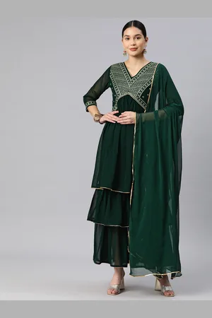 RAJGRANTH Ethnic Motifs Embroidered Tiered Sequinned Kurta With Sharara & Dupatta