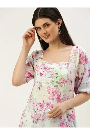AND Square Neck Floral Print Puff Sleeve Empire Style Smocked Mini Dress