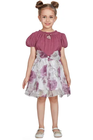 Peppermint Girls Floral Printed Bow Detailed Puff Sleeves A-Line Dress