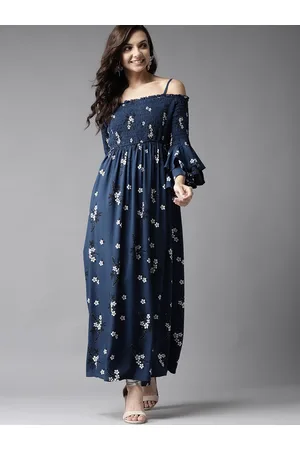 HERE&NOW Navy Blue & White Floral Printed Off-Shoulder Maxi Dress