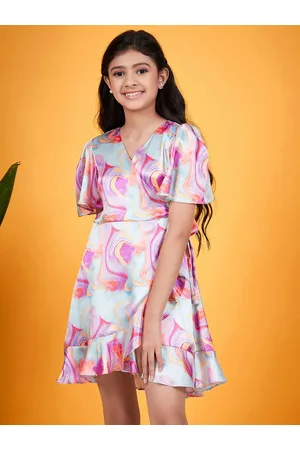 pspeaches Girls Abstract Printed V-Neck Flared Sleeves Tie-Up Satin Fit & Flare Dress
