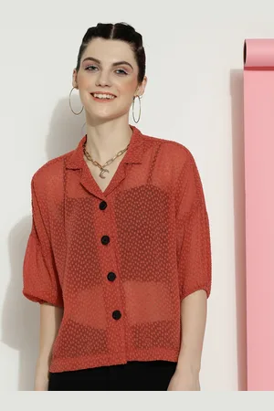 CLEMIRA Self Design Shirt Collar Puff Sleeves Shirt Style Top