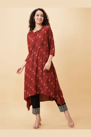 Globus Rust Ethnic Motifs Printed Tie-Ups Neck A-Line Regular Kurta