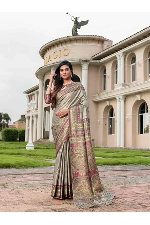 Mitera Beige & Purple Floral Printed Satin Saree