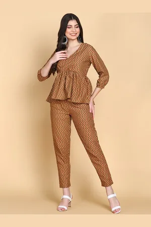 HERE&NOW Brown & Beige Printed Pure Cotton Top With Trousers Co-Ords
