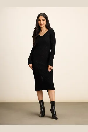 20Dresses Black Self Design V-Neck Long Sleeve Acrylic Sheath Midi Dress