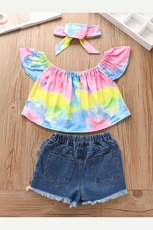 Bold N Elegant Girls Off-Shoulder Neck Tie And Dye Top & Shorts With Headband
