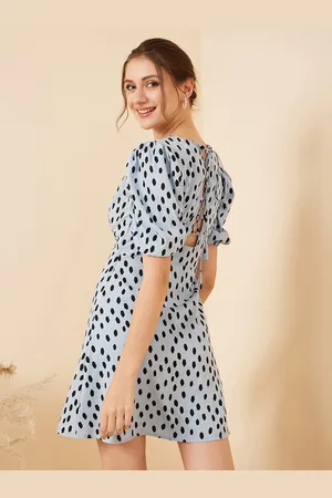Rare Fashion Blue Geometric Printed Puff Sleeves Crepe Sheath Mini Dress