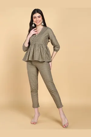 HERE&NOW Geometric Printed Pure Cotton Peplum Top With Trouser Co-Ords
