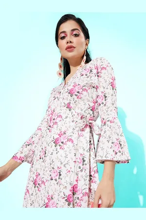 Moda Rapido Women White & Pink Floral Wrap Belted Midi Dress