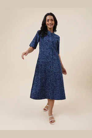 Fabindia Floral Printed Mandarin Collar Pure Cotton A-Line Midi Dress
