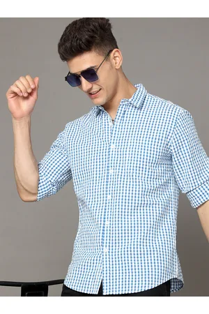 Moda Rapido Blue & White Gingham Checked Spread Collar Cotton Slim Fit Casual Shirt