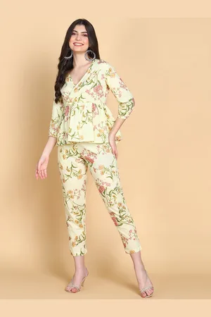 HERE&NOW Yellow & Green Floral Printed Top With Trouser
