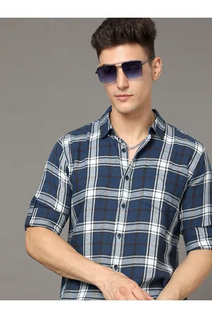 Moda Rapido Blue & white Tartan Checked Spread Collar Cotton Slim Fit Casual Shirt