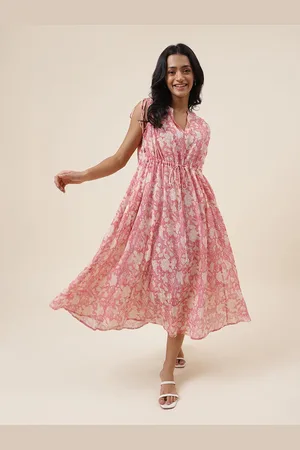 Fabindia Floral Printed Mandarin Collar Sleeveless Gathered Cotton A-Line Midi Dress