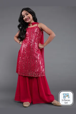 AKS Girls Embroidered Sequinned Georgette Kurta with Sharara & With Dupatta