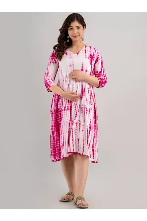 Celebravo Tie & Dye Dyed V-Neck Pleated Maternity Fit & Flare Midi Dress