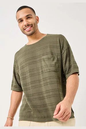 Styli Olive Green Textured Knit Relaxed Fit T-Shirt
