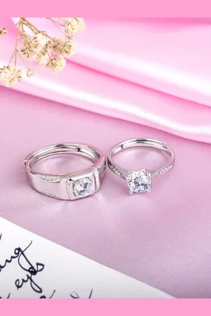 Zavya Set Of 2 925 Sterling Silver Rhodium-Plated & CZ-Studded Couple Ring