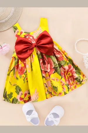 A.T.U.N. Girls Floral Printed Sleeveless Bow Detailed Pure Cotton Fit & Flare Dress