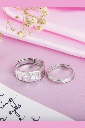 Zavya Unisex Set Of 2 925 Pure Sterling Silver Rhodium-plated CZ-studded Couple Rings
