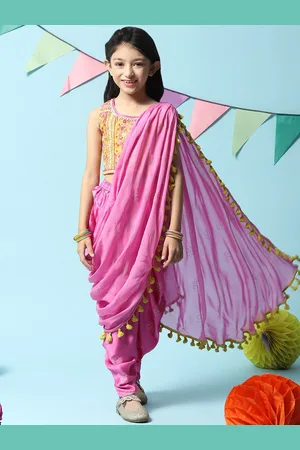 Biba Girls Ethnic Motifs Printed Top & Dhoti Pants With Attached Dupatta