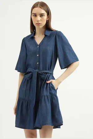 Benetton Flared Sleeves Belted Fit & Flare Dress