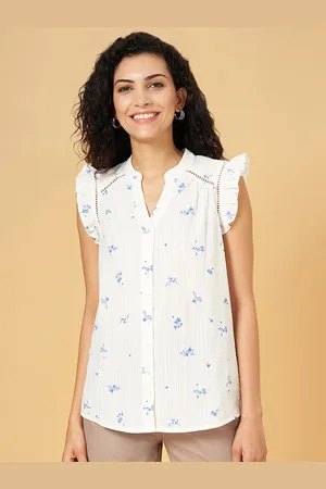 Pantaloons Floral Print Flutter Sleeve Cotton Shirt Style Top