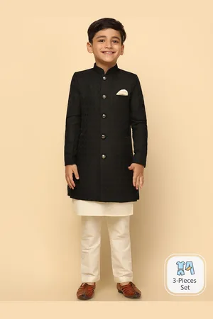KISAH Boys Self Design Mndarin Collar Cotton Indowestern Sherwani Set