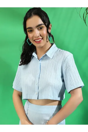 Campus Light Blue Self Design Crop Shirt & Mini Skirt Co-Ord Set