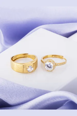 Zavya Set Of 2 925 Sterling Silver Gold-Plated CZ-Studded Couple Ring