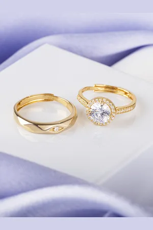 Zavya Unisex Set Of 2 92.5 Sterling Silver Gold-Plated & CZ-Studded Couple Ring