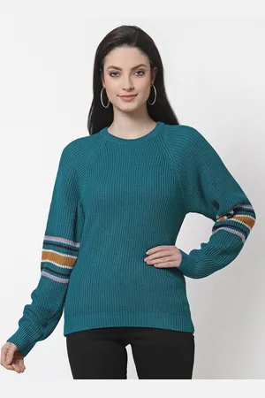 Club York Women Teal & Mustard Self Design Pullover Sweater