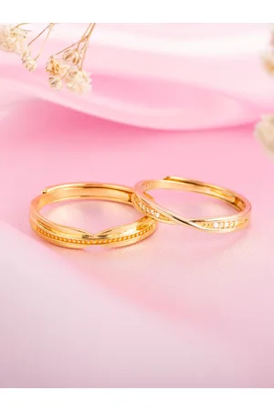 Zavya Set Of 2 Sterling Silver Gold-Plated CZ-Studded Adjustable Couple Finger Ring