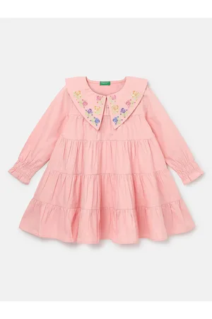 Benetton Girls Cuban Collar Puff Sleeves Cotton A-Line Dress