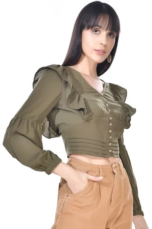 BEATNIK Puff Sleeves Ruffles Cotton Shirt Style Crop Top