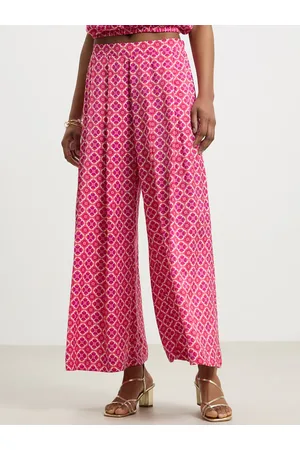 Calliope Women Pink Floral Printed Flared High-Rise Pleated Trousers