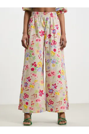 Calliope Women Cotton Floral Print Flared High-Rise Pleated Trousers