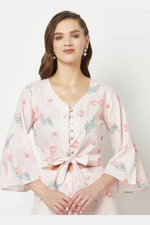 Crimsoune Club Floral Printed Flared Sleeves Crop Top