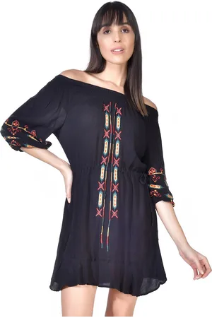 BEATNIK Ethnic Motifs Embroidered Off-Shoulder Smocked Tie-Up Pure Cotton A-Line Dress