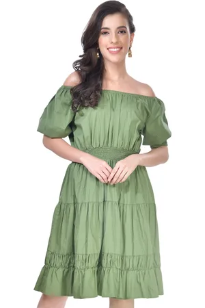 BEATNIK Off-Shoulder Puff Sleeves Smocked Pure Cotton Fit & Flare Dress