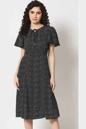 BEATNIK Polka Dots Printed Tie-Up Neck Flared Sleeve Fit & Flare Midi Dress