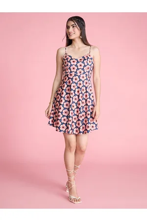 20Dresses Peach Floral Printed Shoulder Strap Fit & Flare Mini Dress