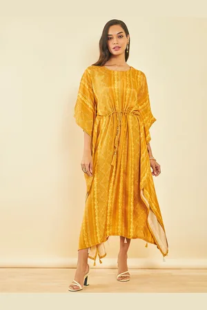 Soch Ethnic Motifs Printed Extended Sleeves Tie-Up Detail Silk Kaftan Midi Dress