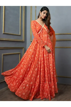 Inddus Floral Printed V-Neck Gotta Patti Georgette Anarkali Empire Kurta With Dupatta