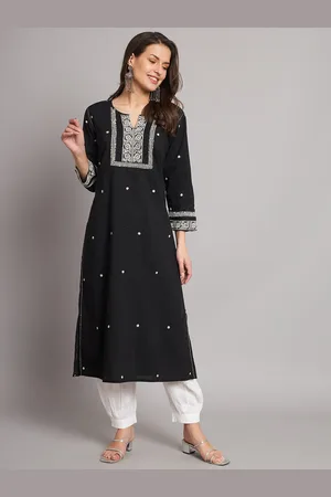 akheri Floral Embroidered Cotton Chikankari Notched Round Neck Kurta