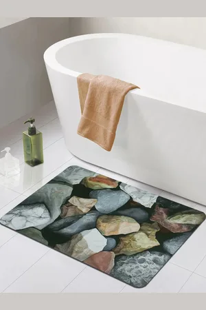 Bedspun Grey Printed 210 GSM Rectangular Non-slip Nappa Leather Bath Rug
