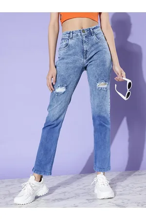 Kook N Keech Women Mid Blue Straight Fit Distressed Stretchable Ombre